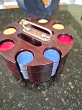 Vintage 1900's Poker Chips W/Wood Rack Caddy - Embossed Red Blue Cream Chips picture