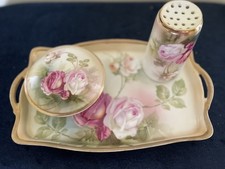 Antique RS Germany Porcelain Dresser Vanity Set Tray, Hat Pin Holder Powder Jar picture