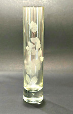 Clear Etched Floral Glass Bud Vase Cylinder Skinny Flowers 7 Inch Vintage picture