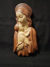 Vintage MCM Plaster Madonna & Child Wall Plaque Faux Bois Chalkware Religious picture