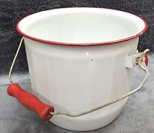 Vintage Enamel White Red Rim Chamber Pot Slop Jar With Handle  picture