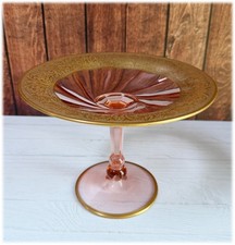 Heisey Twist #1252 5” Pink Footed Round Compote FLAMINGO Gold Encrusted Trim picture