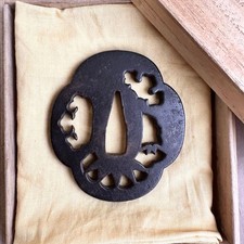 Early Edo Japanese Iron Sukashi Tsuba Openwork Sword Guard 67 mm Box picture