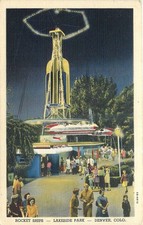 1953 Denver Lakeside Park Rocket Ships Ride Night View Linen Postcard amusement picture