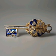 VTG 60s Gold Blue Paris Key Charm Pendant Eiffel Tower Four Leaf Clover Enamel picture