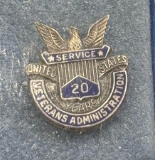 Vintage Veterans Administration Worker 20 Year Service Award STERLING Pin ~ NOS picture
