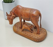 Vintage Wooden Very Fine Cow Nandi With Calf Figurnie Original Old Hand Carved picture
