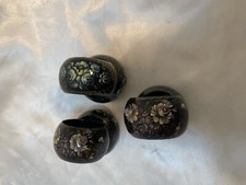 Handpainted Floral black lacquer napkin rings Set 6 Blue Beige Flowers See Pics picture