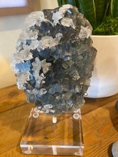 Large Blue-Green Fluorite with Calcite Crystal Specimen on Acrylic Stand 696g picture