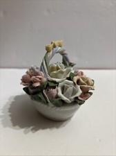 Vintage Porcelain Ceramic Mini Floral Rose Basket Yellow Bow 4” Capodimonte picture