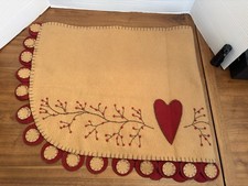 Vintage Primitive Handstitched Half Oval Penny Rug With Heart Cream & Red picture