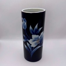 Vintage Japanese Fukagawa-Style Cobalt Blue Porcelain Floral Vase Gold Gilt 10” picture
