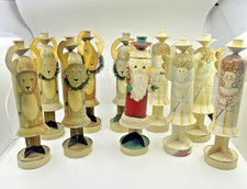 VTG Folk Art Metal Santa 5 Reindeers 4 Angels 1 Santa Christmas Candle Holders picture