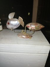 Vintage Sea Shell Art Tropical Fish Googly Eyes Gold Trim Hanging Ornament picture