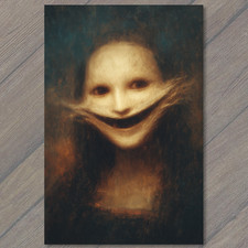 POSTCARD Distorted Mona Lisa Nightmare Smile Gothic Horror Surreal Haunted Face picture