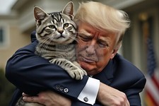 PRESIDENT DONALD TRUMP HUGGING A CAT 4X6 AI PHOTO POSTCARD picture