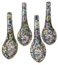 4 Vintage Chinese Porcelain Spoons Hand Painted Gold Gilt Hong Kong Art #4/732 picture