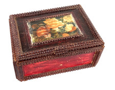 Tramp FolkArt Carved Wooden Box, Red w/Floral Appliqué 9 3/4