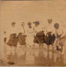 1890s Women & Child Wading in Surf Sepia Photograph Edwardian Beach Bathers picture