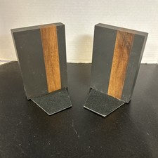 Harpswell House 300 Million Year Old Slate Wood Bookends Mid Century Modern MCM picture