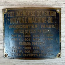 Antique c1905 Holyoke Machine Co Improved Governor Bronze Original Patent Plate picture