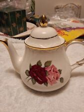 Vintage Author Wood Teapot Chrysanthemum Floral Gold Trim From England picture