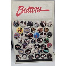 VINTAGE 1980S COUNTER DISPLAY RAP AND ROCK PINS BUTTONS (39) WITH STAND picture