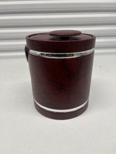 Vintage Burgundy Faux Leather Insulated Ice Bucket Barware Chrome Trim picture