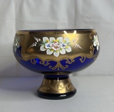 Bohemia Czech Crystal Cobalt Blue Enamel  Painted Flowers Gold Trim 9” Bowl picture