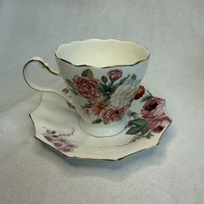Meritage Vintage Floral Teacup and Saucer Set Victorian Style Ceramic Rose picture
