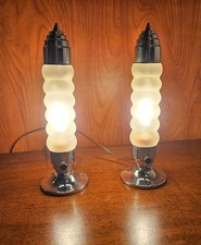 Pair 1940s Art Deco Chrome Frosted Glass Boudoir Lamps | Streamline Moderne | Pr picture