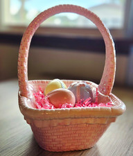 Ceramic  Basketweave Tabletop Basket w/ Ceramic Pastel Eggs and grass picture