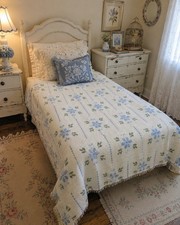 Amazing Vintage Blue White Green Chenille Bedspread Fringe Tufted Cottage Glam  picture