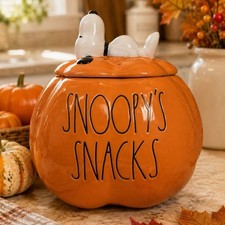 Peanuts x Rae Dunn Snoopy Halloween Snoopy’s Snacks Pumpkin Treat Jar Ceramic picture