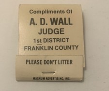 Vintage A.D. Wall Judge Matchbook Full Unstruck Matches Ad Franklin County picture