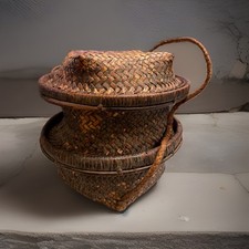 Kuba Lidded Basket DR Of Congo XL Food Basket 10” tall Ritter Estate Mid Century picture
