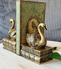 Vintage Style Art Deco Pair Of Gold Swan On Book Bookends Gold Swan Shelf Decor picture