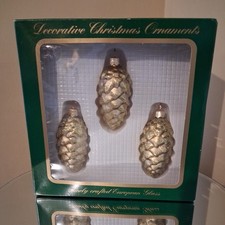 3 Vtg Gold Glass Pine Cone Christmas Ornaments Made In Poland W/ Orig Box Retro  picture