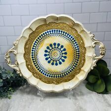 Vintage Florentine Italy 16” Round Serving Tray With Handles Blue Yellow Gold picture
