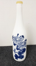Vintage Kiku-Masamune Japanese Sake Milk Glass Bottle Blue Flowers 12 in w/cap picture