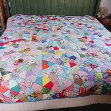 Vintage Homemade Hexi Cotton Patchwork Quilt picture