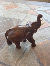 Vtg Hand Carved Folk Art Ironwood Elephant With Tusks Small Figurine Trunk up picture