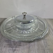 Vintage KROMEX Lazy Susan Revolving Serving Dish Party Tray Chrome & Glass MCM picture