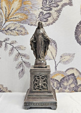 Antique French Spelter Virgin Mary Statue Gothic Pedestal • Catholic Devotional picture