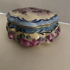 Vintage Hand-painted Nippon Porcelain Trinket Jar Lidded Scalloped Cabbage Roses picture