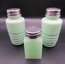 Set of 3 Vtg Cracker Barrel Jadeite Salt & Pepper Shakers + Green Tablecraft picture