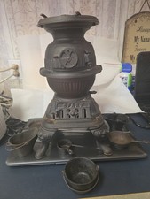 Antique Vintage Mini Cast Iron Wood Stove w Door, Ash Catcher & Vent Collector  picture