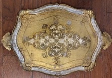VTG Italian Florentine Carved Gilt Wood Tray Gold & White Distressed 21.5x15” picture