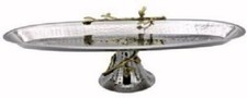 Elegant Footed Hammered Stainless Serving Tray with Brass Birds & Branch picture