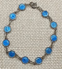 Antique French Souvenir Bracelet Blue Enamel Petite Sz 6.5 Paris Monument Medals picture